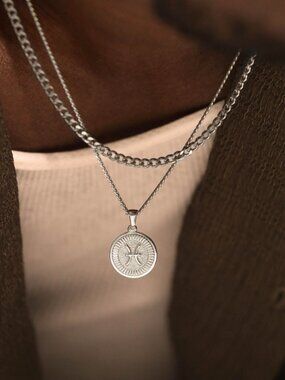 Men's Silver Pisces Pendant Necklace Set